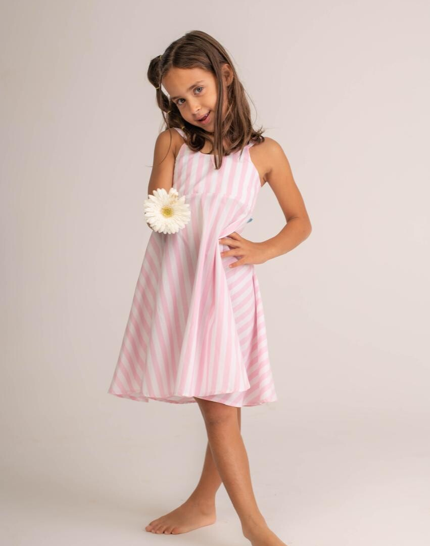 VESTIDO MARGARIDA LISTRADO ROSA COLEÇÃO JARDIM
